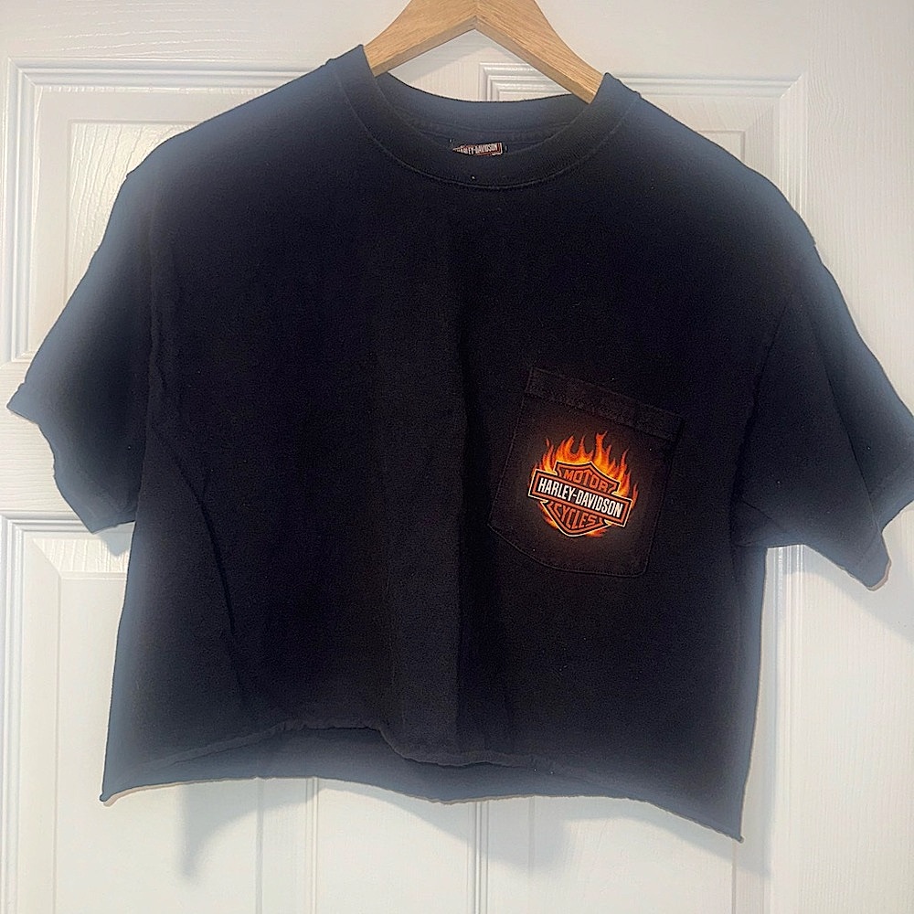 Harley-Davidson Brooklyn Black Crop Tee with Orange Flame Pocket Logo